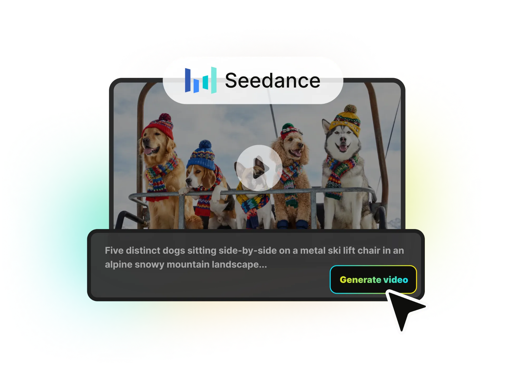A split screen showing a text prompt on the left and the resulting cinematic video on the right